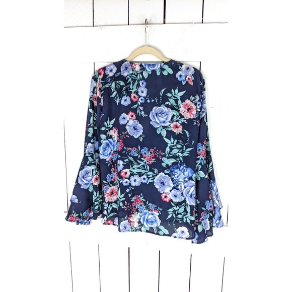 Sheer blue floral  long bell sleeve pullover billowy wrap around blouse - Picture 5 of 5